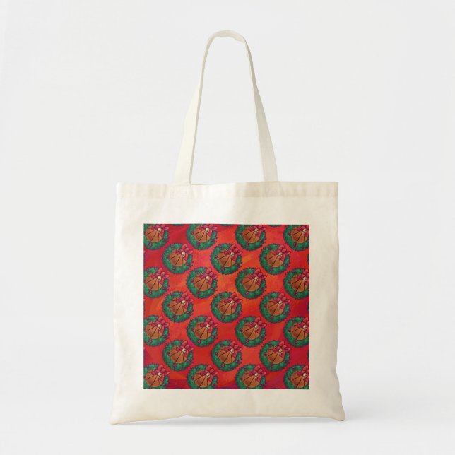 Basketball in Holly Wreath Pattern on Red Tote Bag (Front)