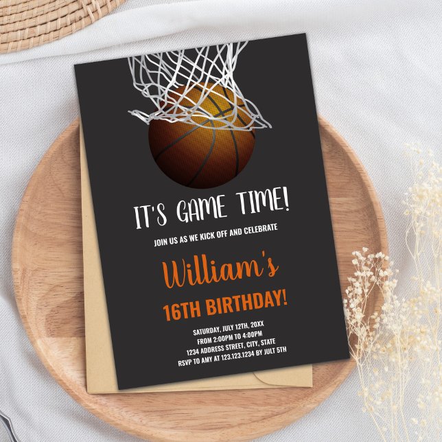Basketball in Hoop Birthday Invitation (Basketball in Basket Birthday Invitations)