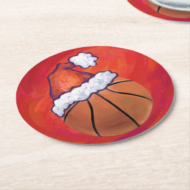 Basketball in Santa Hat Round Paper Coaster (Angled)