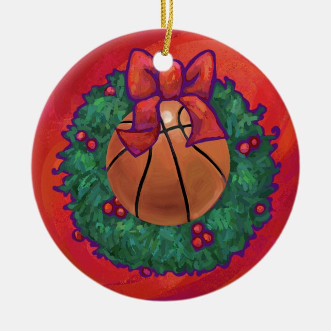 Basketball Inside Christmas Wreath Ceramic Tree Decoration (Front)