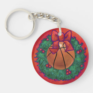 Basketball Inside Christmas Wreath Key Ring