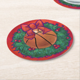 Basketball Inside Christmas Wreath Round Paper Coaster