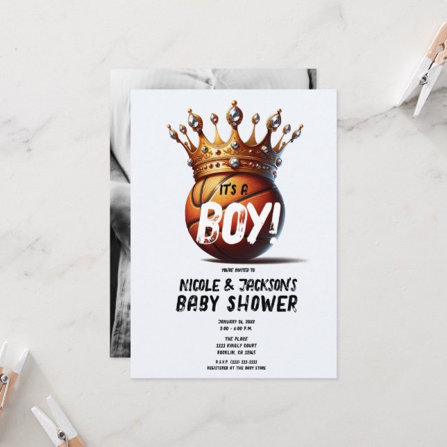 Basketball King Gold Crown Photo Baby Shower Invitation (Front/Back In Situ)