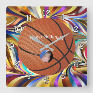 Basketball Many-colour Bkgrd Photo Personalise Square Wall Clock