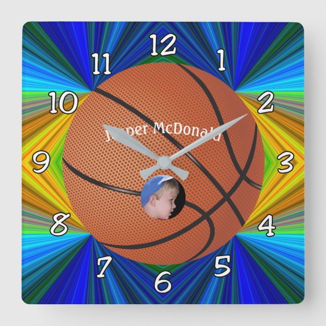 Basketball Many-colour Bkgrd Photo Personalise Square Wall Clock (Front)