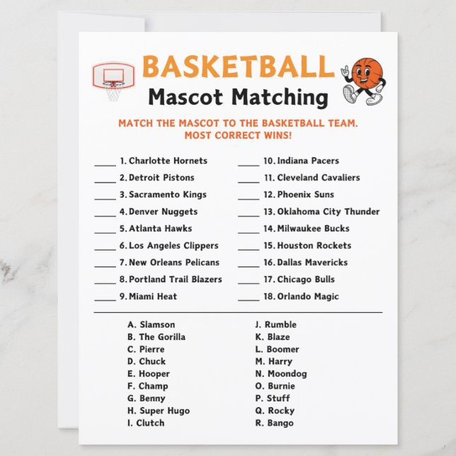 Basketball Mascot Matching Game (Front)