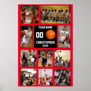 Basketball Memories Red Photo Collage Poster