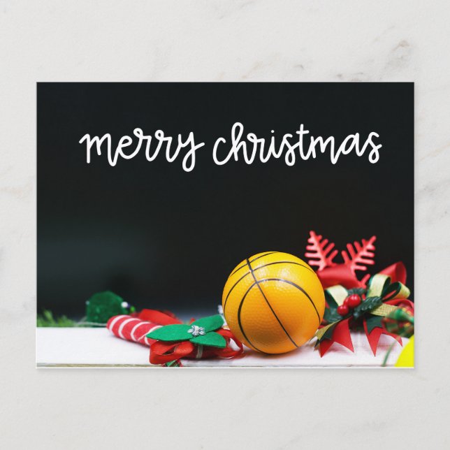 Basketball Merry Christmas Red snowflake on black  Postcard (Front)