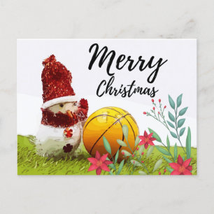Basketball Merry Christmas with Snowman on green Postcard