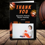 Basketball Metallic Photo Thank you Coach Card<br><div class="desc">Basketball Metallic Photo Thank you Coach Card. Basketball thank you coach card with photo, thank you text, coach name, team name, year, your name and basketball balls. Photo thank you card - add your photo. Personalise the card with names and your text. Great thank you card for the basketball team...</div>