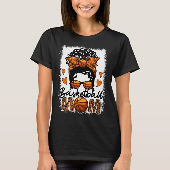 Basketball Mom Leopard Messy Bun Game Day Mother s T-Shirt (Front)