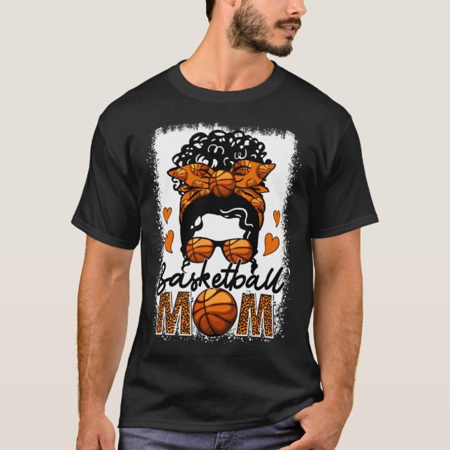 Basketball Mom Leopard Messy Bun Game Day Mother s T-Shirt (Front)