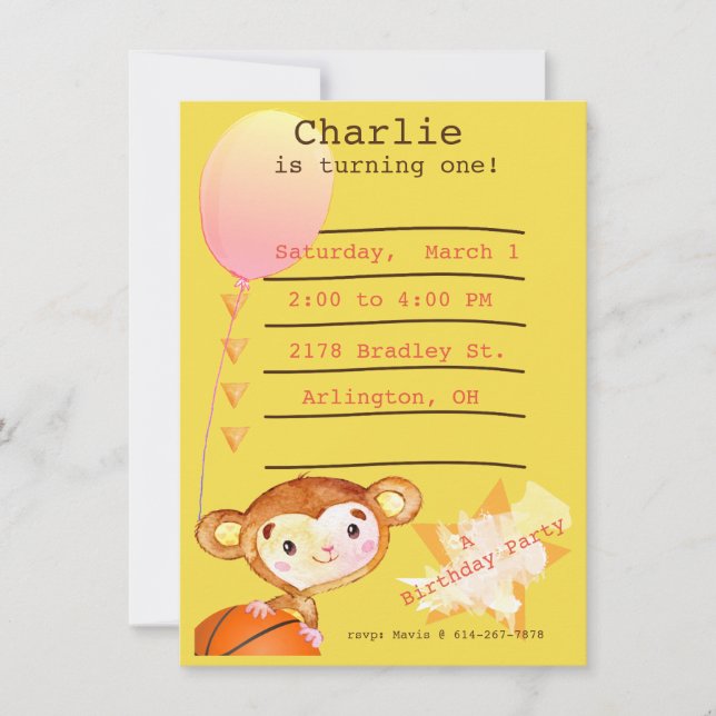 Basketball Monkey Birthday Party Invitation (Front)