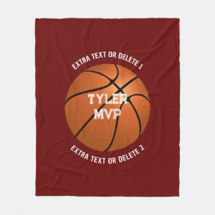 Basketball, Name, MVP/Number, 2 Text Lines Dk Red Fleece Blanket
