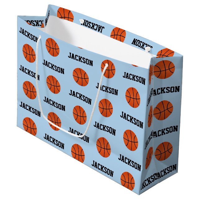 Basketball Name Pattern Kids Blue Large Gift Bag (Front Angled)