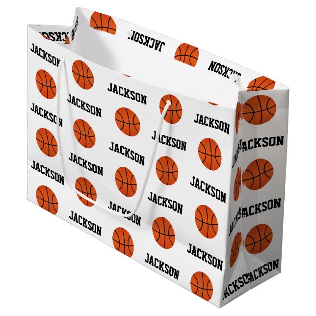 Basketball Name Pattern Kids White Large Gift Bag (Front Angled)