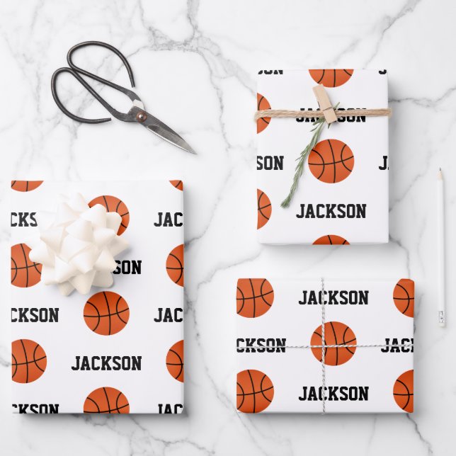 Basketball Name Pattern Kids White Wrapping Paper Sheet (Front)