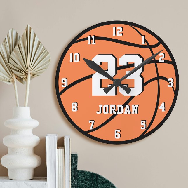 Basketball Orange Ball Custom Name & Jersey Number Round Clock (Creator Uploaded)