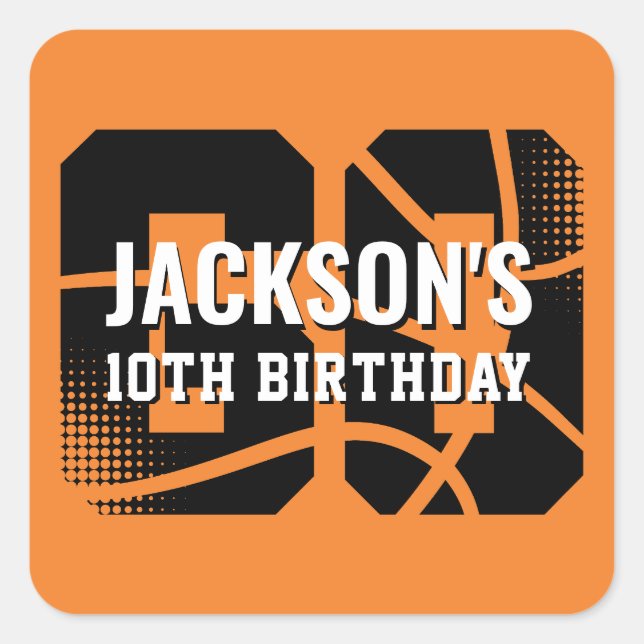 Basketball Orange Black Birthday Party Square Sticker (Front)