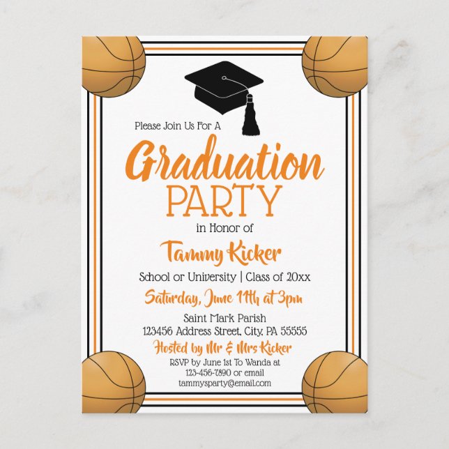 Basketball Orange & Black Graduation Party Invitation Postcard (Front)