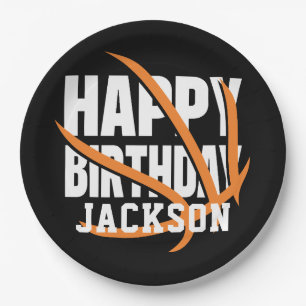 Basketball Orange Black Happy Birthday Party Paper Plate