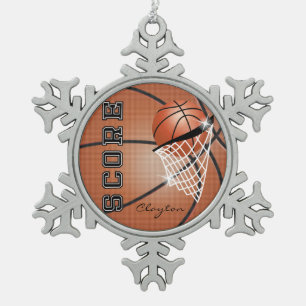 Basketball   Orange Brown   Personalise Snowflake Pewter Christmas Ornament