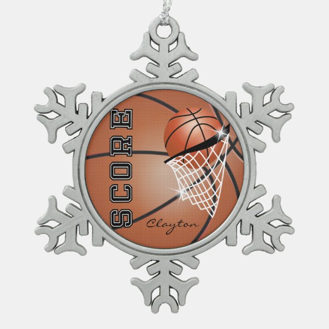 Basketball | Orange Brown | Personalise Snowflake Pewter Christmas Ornament (Front)