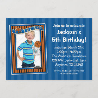 Basketball Photo Birthday Party Blue Invitations