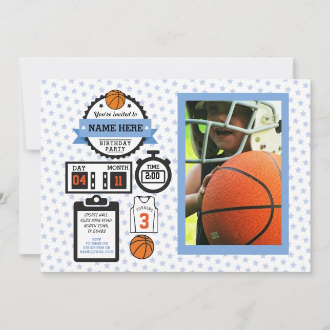 Basketball Photo Birthday Sport Party Blue Boys Invitation (Front)