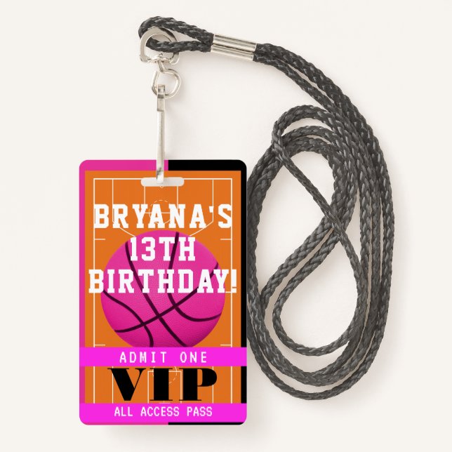 Basketball Pink Birthday Party VIP Pass Badge ID Badge (Front with Lanyard)