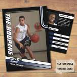 Basketball Player Custom Black Trading Card Blue<br><div class="desc">Introducing our customisable basketball trading cards, designed for proud parents to showcase their young athlete's achievements on the court! With a striking colour palette of blue, white, and black, these cards stand out against the competition. Personalise the front cover photo with your own budding star, and fine-tune player stats, bio,...</div>