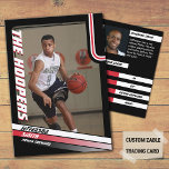 Basketball Player Custom Black Trading Card Red<br><div class="desc">Presenting our customisable basketball trading cards, ideal for parents to showcase their young athlete's achievements on the court! With a striking colour scheme of red, white, and black against a bold background, these cards make a statement. Personalise the front cover photo with your own budding star, and tweak player stats,...</div>