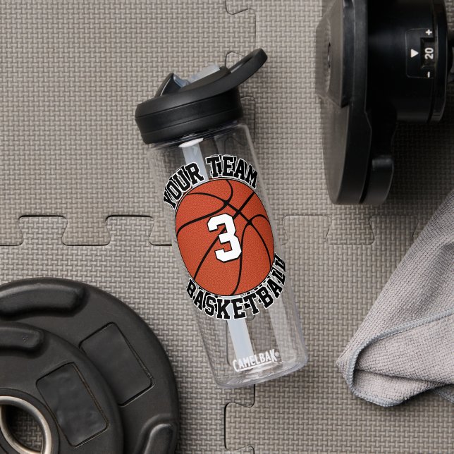 Basketball Player Custom Team Name & Jersey Number Water Bottle (Gym (Rotated))
