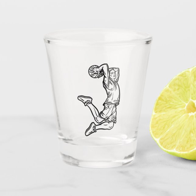 Basketball Player Doing Slam Dunk Dark Design Shot Glass (Front)