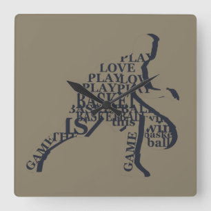 basketball player dribbling with full body text square wall clock