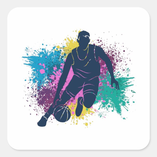 Basketball Player Grungy Colour Splashes Square Sticker (Front)