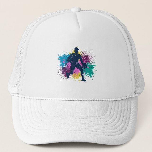 Basketball Player Grungy Colour Splashes Trucker Hat (Front)