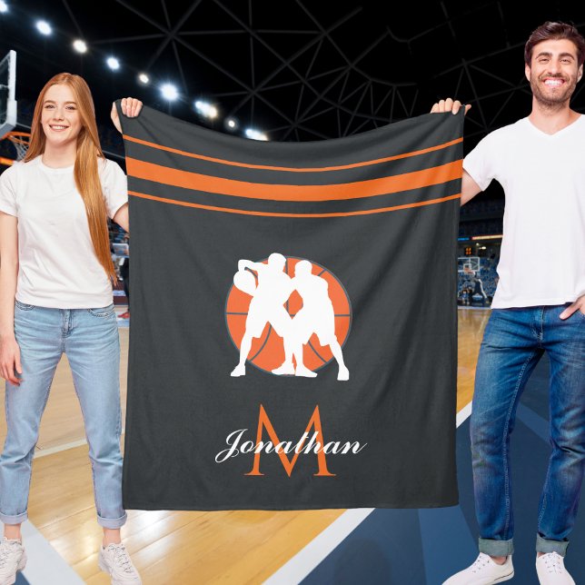 Basketball Player & Monogram Kids Name Striped Fun Fleece Blanket (Creator Uploaded)