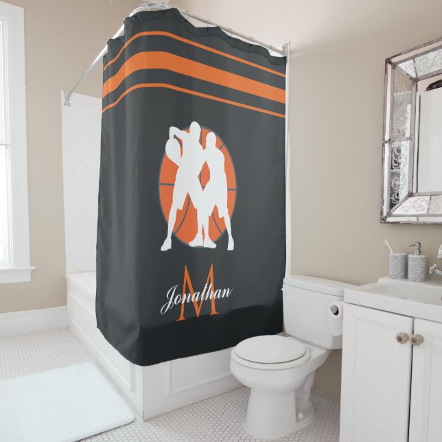Basketball Player & Monogram Kids Name Striped Fun Shower Curtain (In Situ)