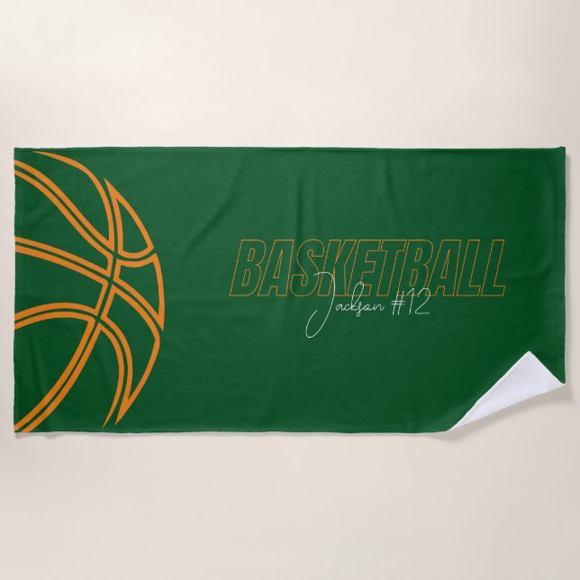 Basketball Player Name Number Coach Green Sports Beach Towel (Front)