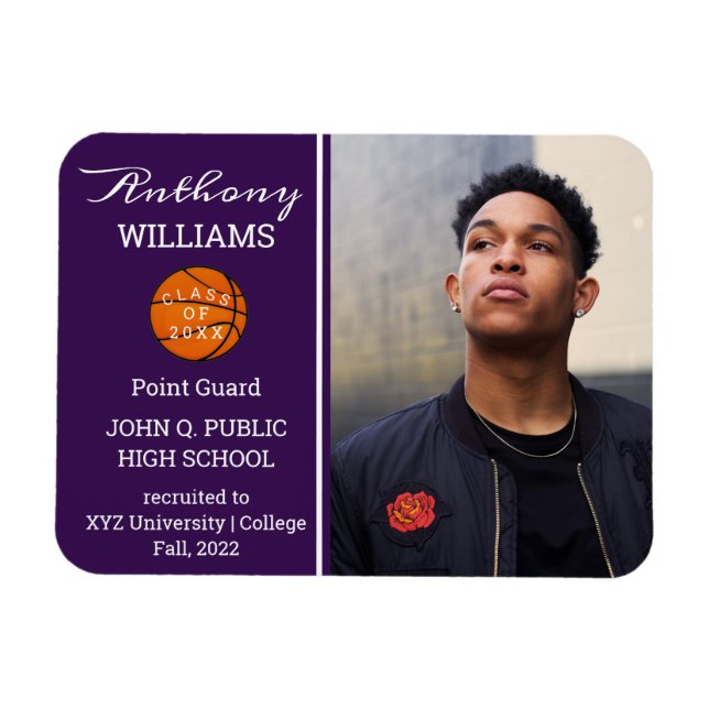 Basketball Player Photo Purple | White Graduation Magnet (Horizontal)