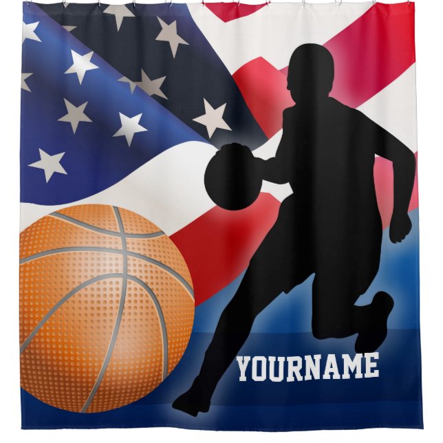 Basketball Player Silhouette with American US Flag Shower Curtain (Front)