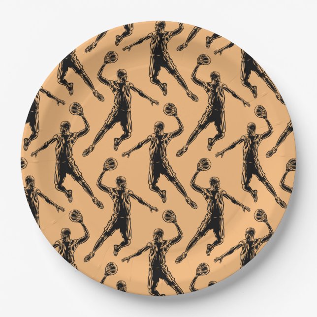 Basketball Player Slam Dunk Dark Design Paper Plate (Front)