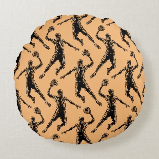 Basketball Player Slam Dunk Dark Design Round Cushion (Front)