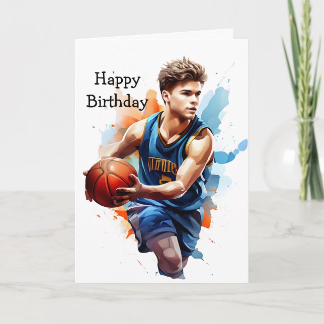 Basketball Player Watercolor Happy Birthday Card (Front)