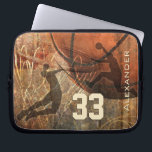 Basketball Players flying to the hoop Sleeve<br><div class="desc">Custom boy's basketball laptop sleeve featuring silhouettes of two basketball players flying to the hoop for the reverse dunk and slam dunk - basketball theme graphics composite of basketball,  hoop and court with grunge effect and customisable name and jersey number by katz_d_zynes</div>