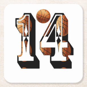 Basketball Players Number Fourteen Picture Logo, Square Paper Coaster