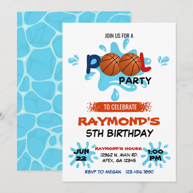 Basketball Pool Party Birthday  Invitation (Front/Back)