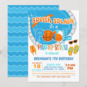 Basketball Pool Party Invitation - Boy - Wh