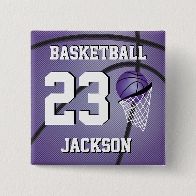 Basketball Purple and White | Personalise 15 Cm Square Badge (Front)